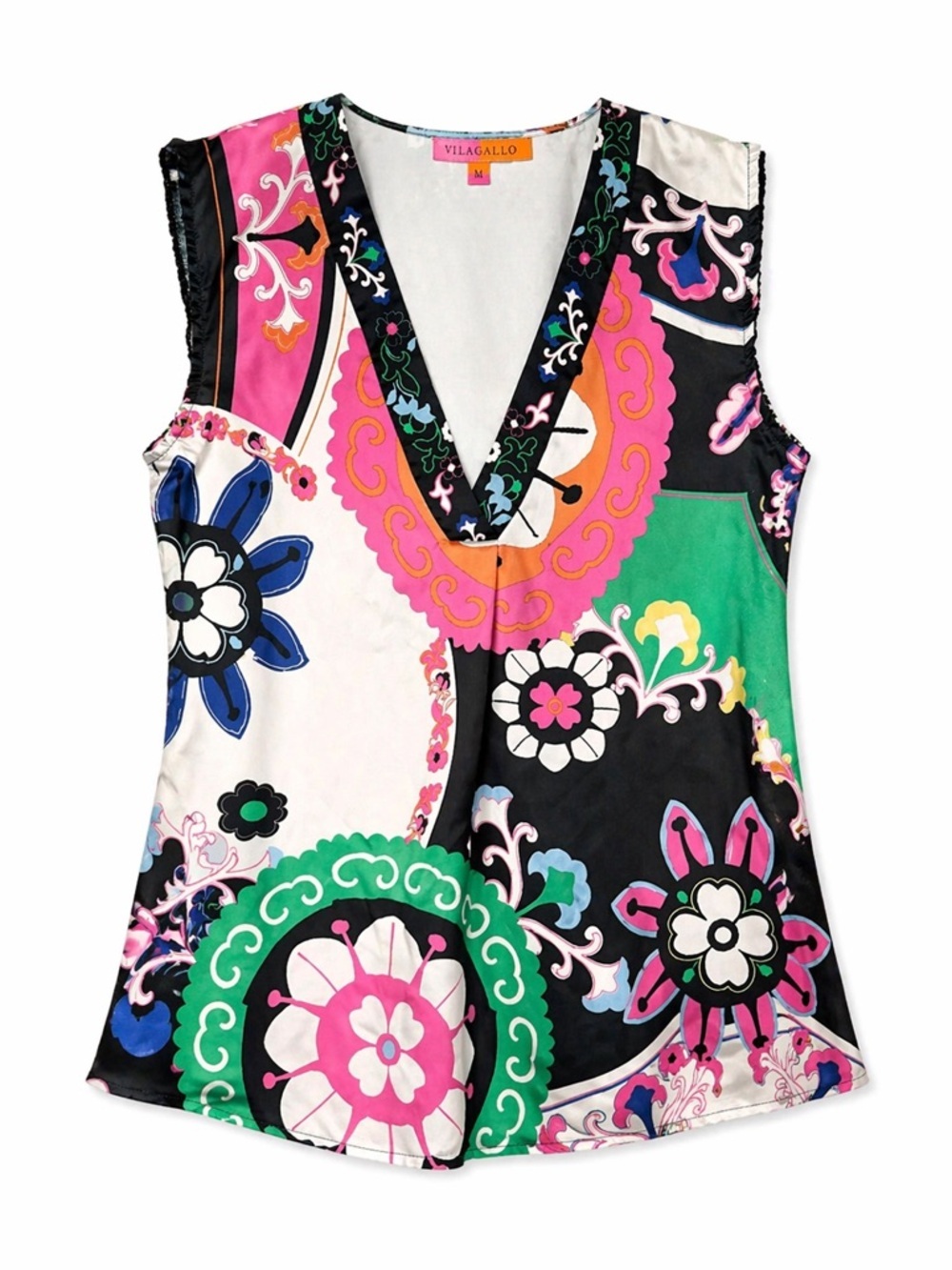 Vilagallo V Neck Blouse Colorful Retro Mod Print Boho Chic Top-Medium